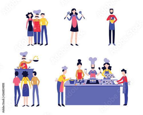Set of chef with male and female cooks flat cartoon style