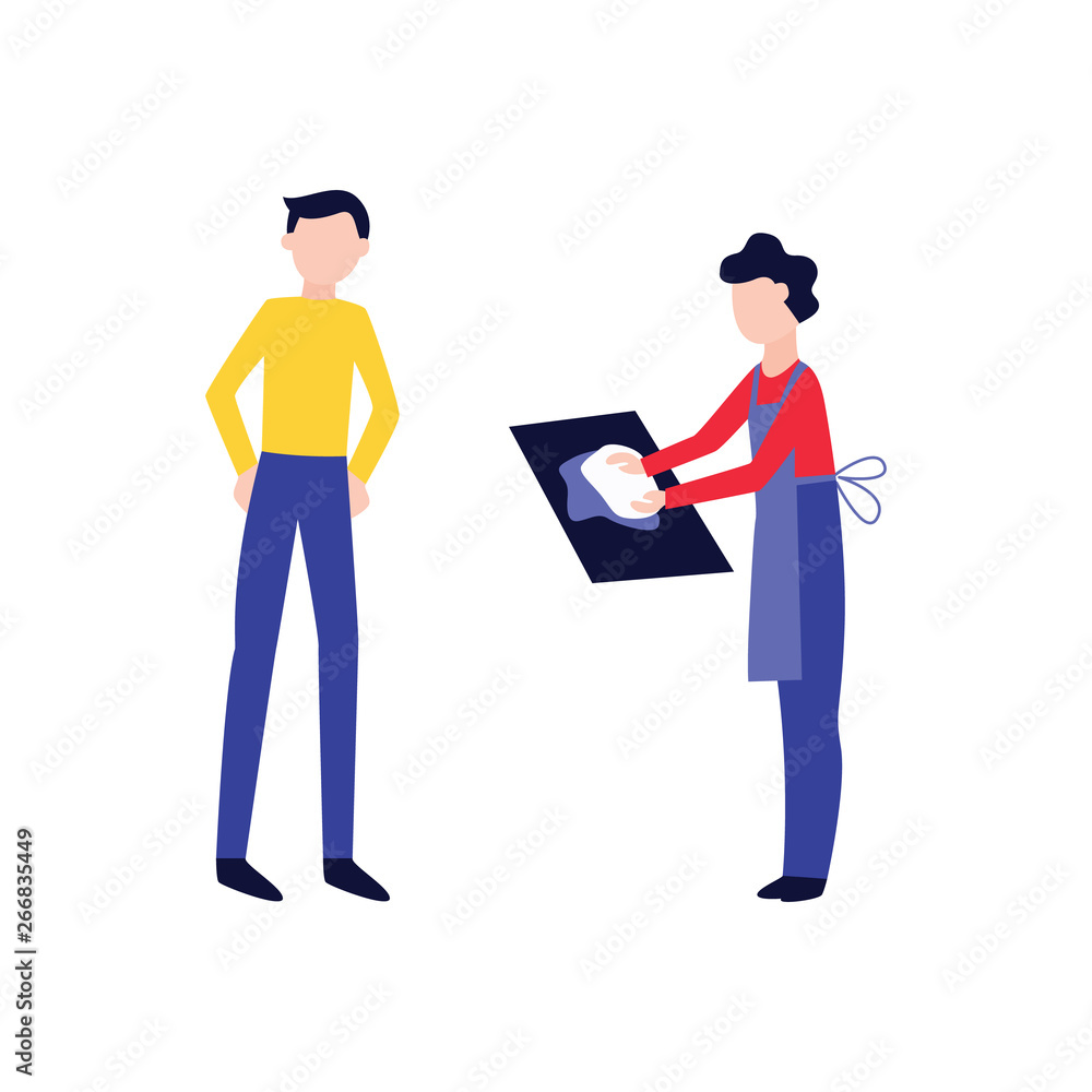 Standing man watching how cook male is kneading dough flat cartoon style Standing man watching how cook male is kneading dough flat cartoon style