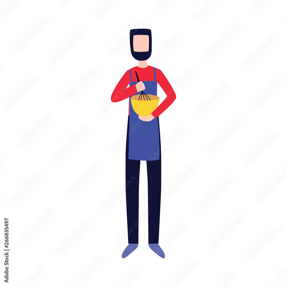Man in apron stands and holds mixing bowl and whisk flat cartoon style Man in apron stands and holds mixing bowl and whisk flat cartoon style