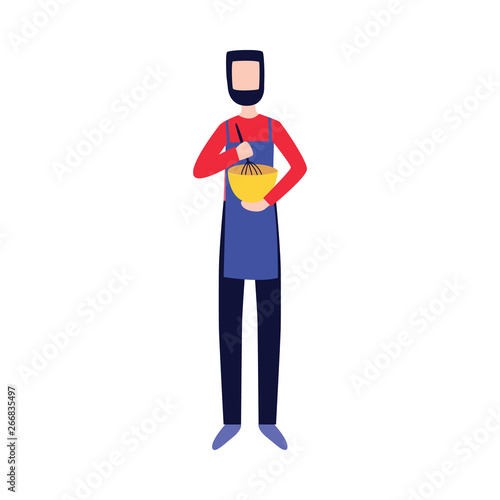 Man in apron stands and holds mixing bowl and whisk flat cartoon style