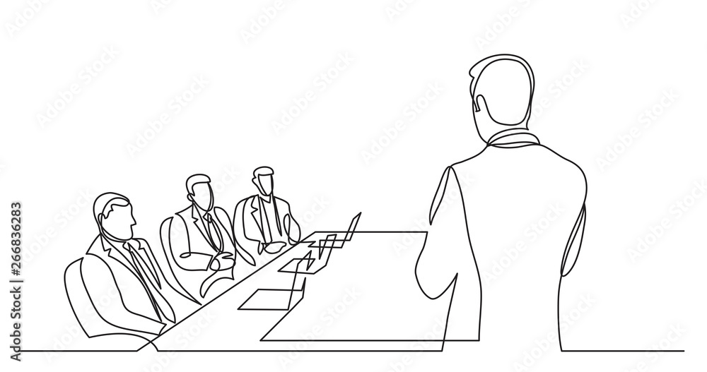 team leader talking before board members - single line drawing Stock Vector