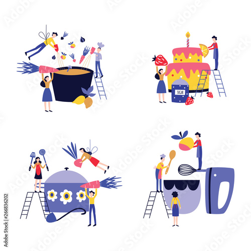 Set of small people cooking giant cake and in huge utensil flat cartoon style