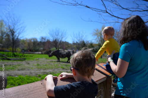 Two Caucasian boys and mother looking at a large animal over a wooden rail © Lost_in_the_Midwest