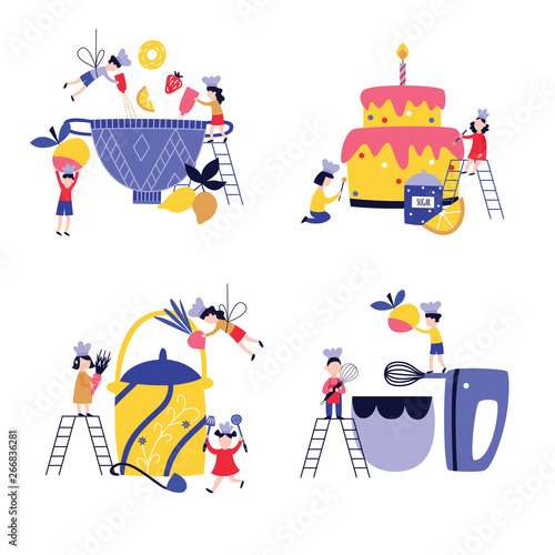 Set of small children cooking giant cake and in huge utensil flat cartoon style