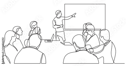 team member explaining work plan in fron of business team - single line drawing