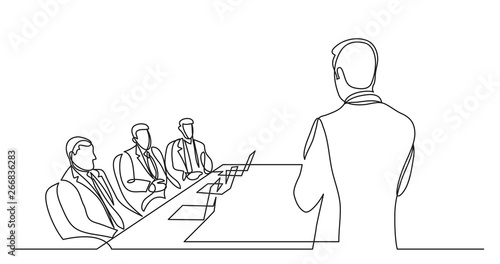 team leader talking before board members - single line drawing