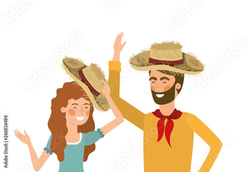 farmers couple talking with straw hat