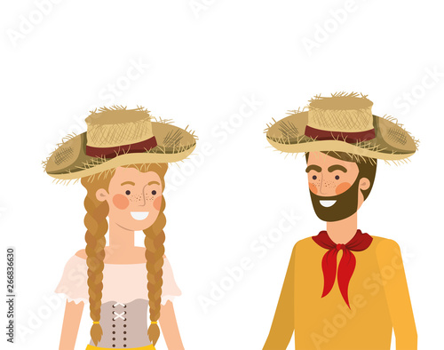 farmers couple talking with straw hat