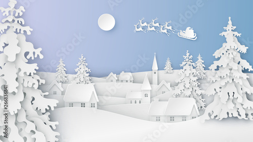 Landscape of snowy countryside and Santa Claus flying on the sky in winter. Merry Christmas and Happy New Year. paper art design. vector, illustration.