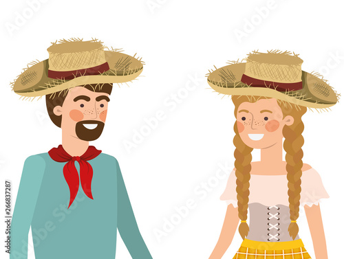 farmers couple talking with straw hat