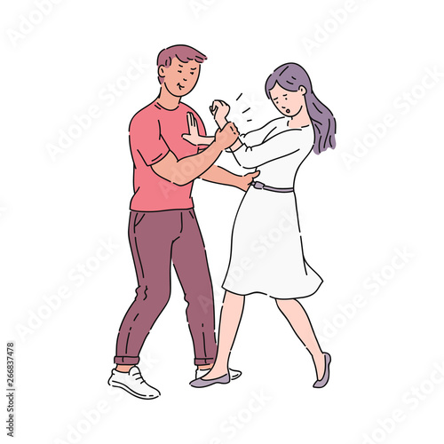 A young man forcibly touches and hugs a resisting girl in a dress.
