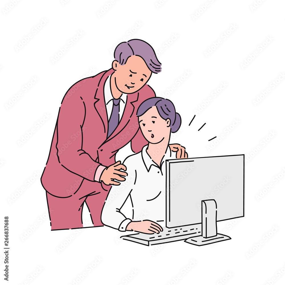 A male colleague or boss puts his hands on the shoulders of a young girl in the workplace. A male colleague or boss puts his hands on the shoulders of a young girl in the workplace.