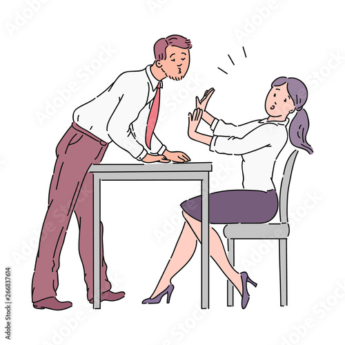 The man is trying to kiss the girl across the office table, sexual harassment at work.