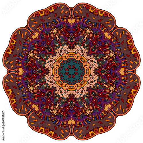 Mandala, tracery wheel mehndi design. Ethnic ornament, colorful doodle symmetry texture. Folk traditional spiritual tribal design.  Curved shape, isolated on white. Color art. Vector