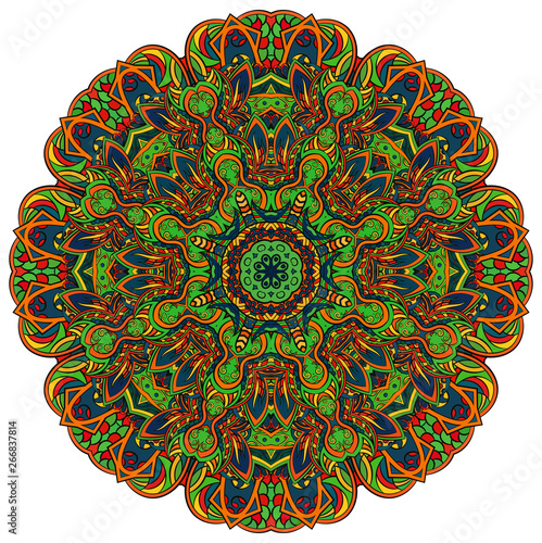 Mandala, tracery wheel mehndi design. Ethnic ornament, colorful doodle symmetry texture. Folk traditional spiritual tribal design.  Curved shape, isolated on white. Color art. Vector