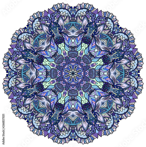Mandala, tracery wheel mehndi design. Ethnic ornament, colorful doodle symmetry texture. Folk traditional spiritual tribal design.  Curved shape, isolated on white. Color art. Vector