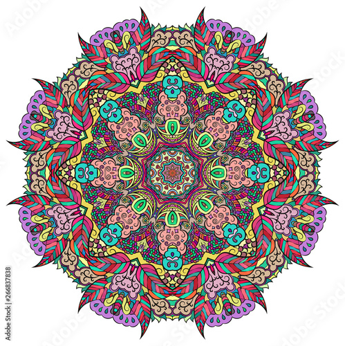 Mandala, tracery wheel mehndi design. Ethnic ornament, colorful doodle symmetry texture. Folk traditional spiritual tribal design.  Curved shape, isolated on white. Color art. Vector