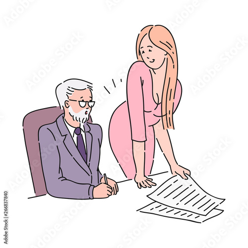 A young attractive redhead girl sexually harasses her old colleague or boss man in the office.