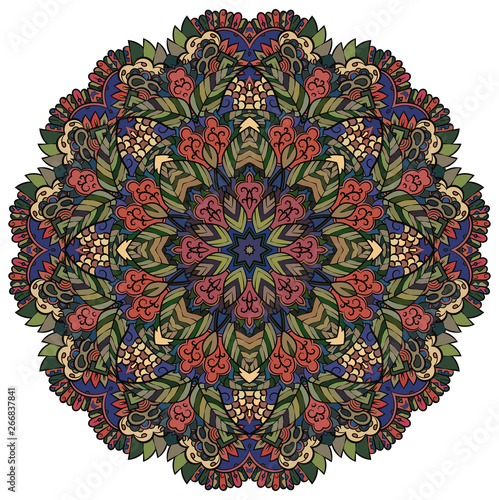 Mandala, tracery wheel mehndi design. Ethnic ornament, colorful doodle symmetry texture. Folk traditional spiritual tribal design.  Curved shape, isolated on white. Color art. Vector