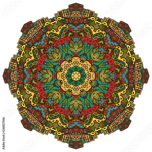 Mandala, tracery wheel mehndi design. Ethnic ornament, colorful doodle symmetry texture. Folk traditional spiritual tribal design.  Curved shape, isolated on white. Color art. Vector