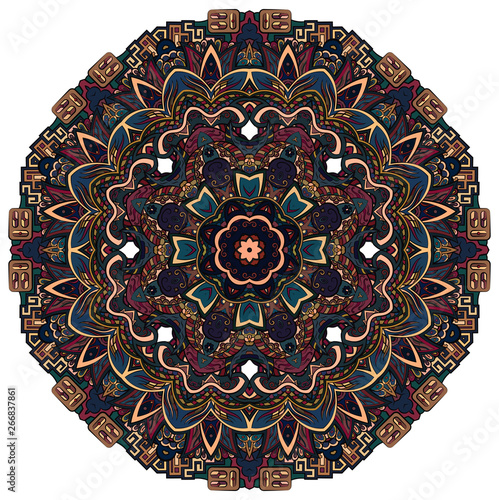 Mandala, tracery wheel mehndi design. Ethnic ornament, colorful doodle symmetry texture. Folk traditional spiritual tribal design.  Curved shape, isolated on white. Color art. Vector