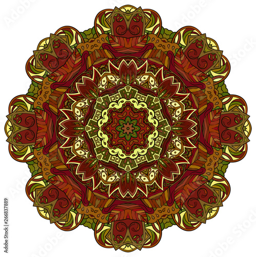 Mandala, tracery wheel mehndi design. Ethnic ornament, colorful doodle symmetry texture. Folk traditional spiritual tribal design.  Curved shape, isolated on white. Color art. Vector