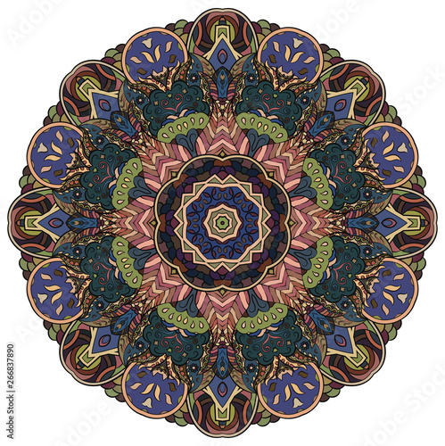 Mandala, tracery wheel mehndi design. Ethnic ornament, colorful doodle symmetry texture. Folk traditional spiritual tribal design.  Curved shape, isolated on white. Color art. Vector