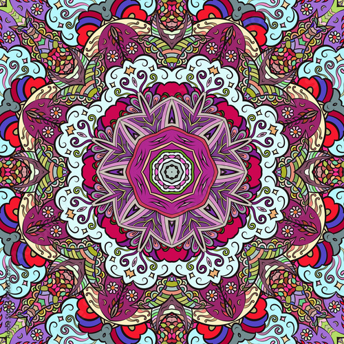 Seamless tracery tile mehndi design. Ethnic ornament, colorful doodle symmetry texture. Folk traditional spiritual tribal design. Curved doodling motif. Color art. Vector