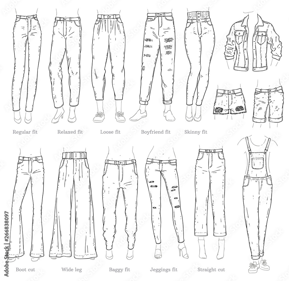 Baggy jeans denim pants technical fashion illustration with full length  normal waist 5 pockets rivets belt loops Baggy  CanStock