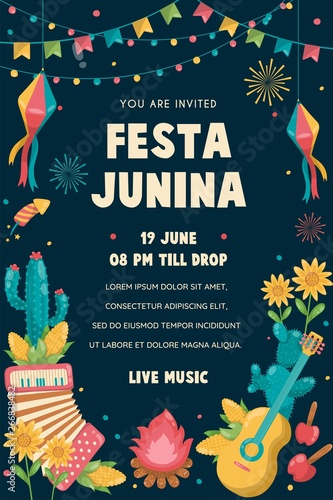Festa Junina Poster Brazil June Festival. Folklore Holiday. Guitar Accordion Cactus Summer Sunflower Campfire - Ready to Print - Vector Illustration photo