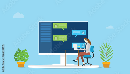 call center concept with woman on calling support with chat background illustration - vector