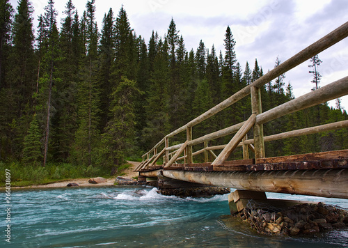 Wooden bridge built by hand leading to an unknown path. Rocky mountain   Canadian Rockies  . Near Calgary. Portrait  fine art. Jasper and Banff National Park  Alberta  Canada  August 4  2018