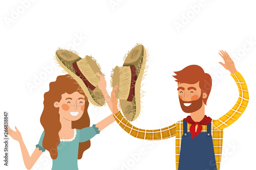 farmers couple talking with straw hat