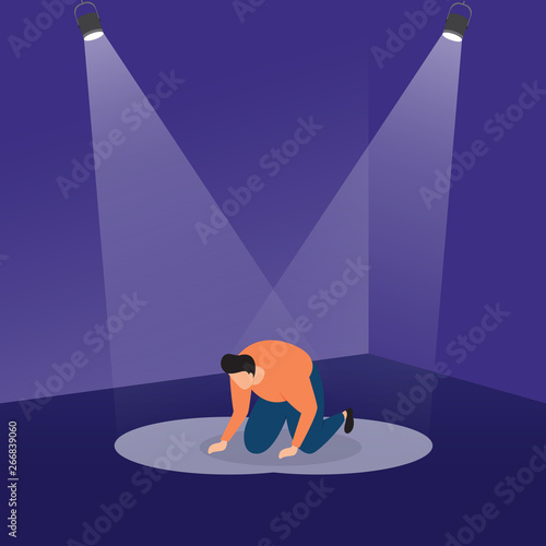 A Loser Slumped Frustrated on Podium with Spotlight Business Concept Illustration
