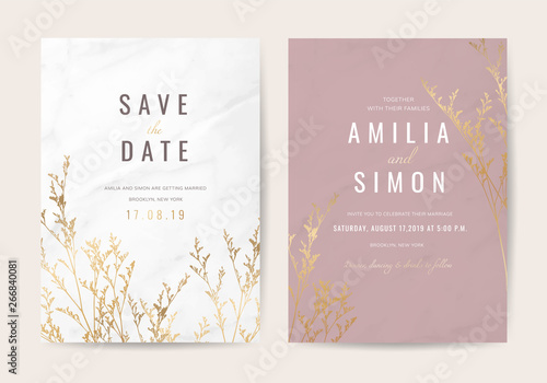 Luxury Natural Wedding invite Card for summer and spring seasons. Design With gold leaves minimal style decoration. Vector