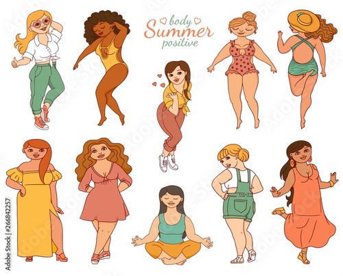 Set of curvy plus size women in fashionable summer clothes sketch style