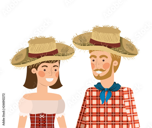 farmers couple talking with straw hat