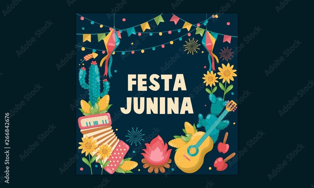 Naklejka premium Hand drawn Festa Junina Brazil June Festival. Folklore Holiday. Guitar, Accordion, Cactus, Summer, Sunflower, Campfire, Flag, - Ready to Print - Background - Vector Illustration - Vector - Vector