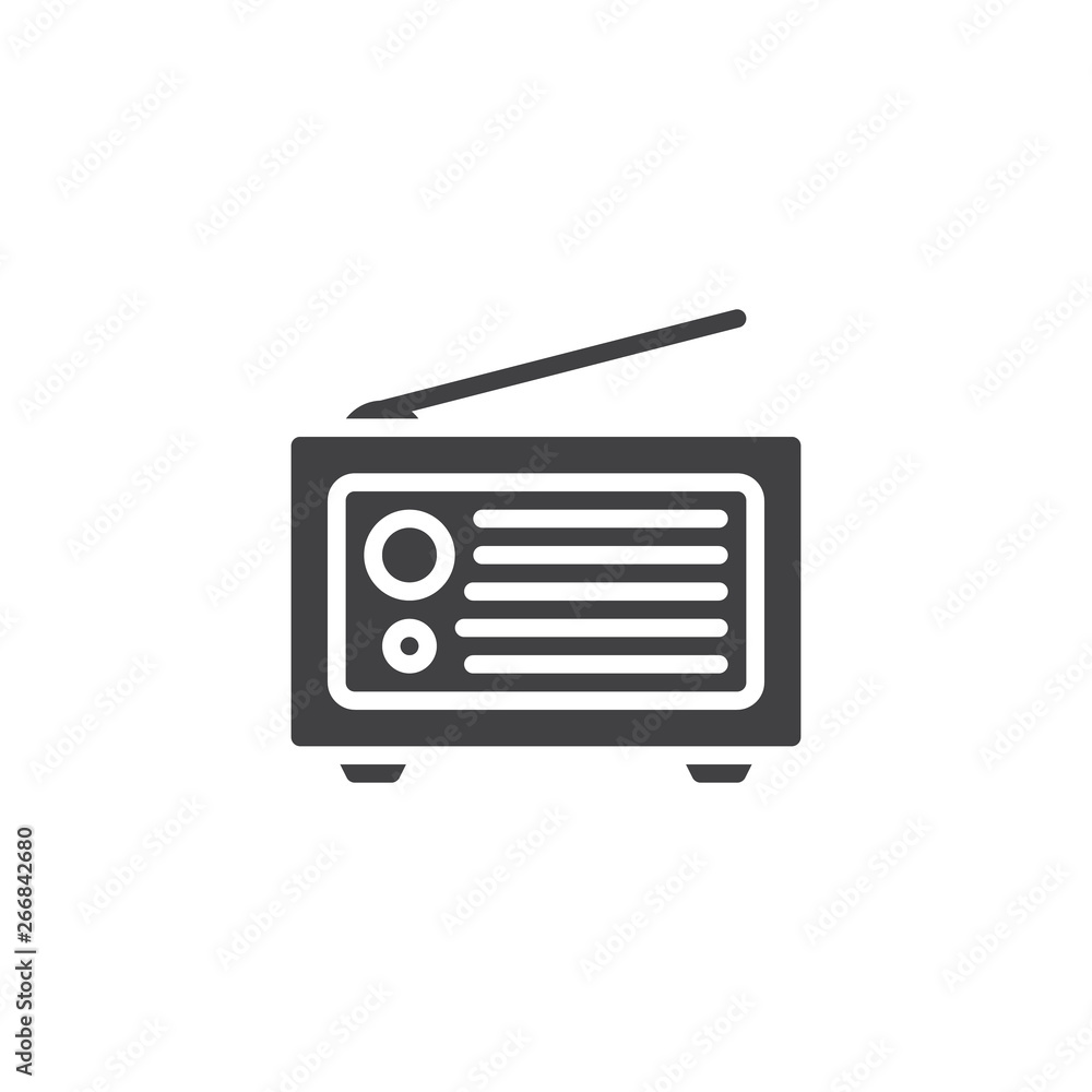 Retro radio vector icon. filled flat sign for mobile concept and web design. Old radio with antenna glyph icon. Symbol, logo illustration. Pixel perfect vector graphics Retro radio vector icon. filled flat sign for mobile concept and web design. Old radio with antenna glyph icon. Symbol, logo illustration. Pixel perfect vector graphics