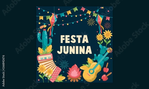 Hand drawn Festa Junina Brazil June Festival. Folklore Holiday. Guitar  Accordion  Cactus  Summer  Sunflower  Campfire  Flag  - Ready to Print - Background - Vector Illustration - Vector - Vector