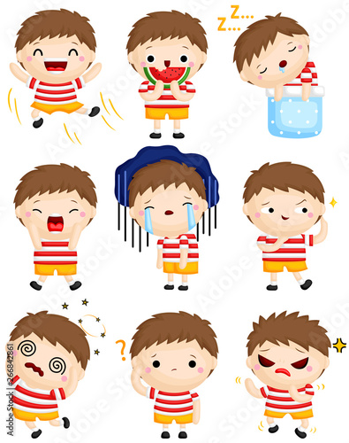 A Vector Set of Cute Little Boy Expressing Many Emotions with His Faces
