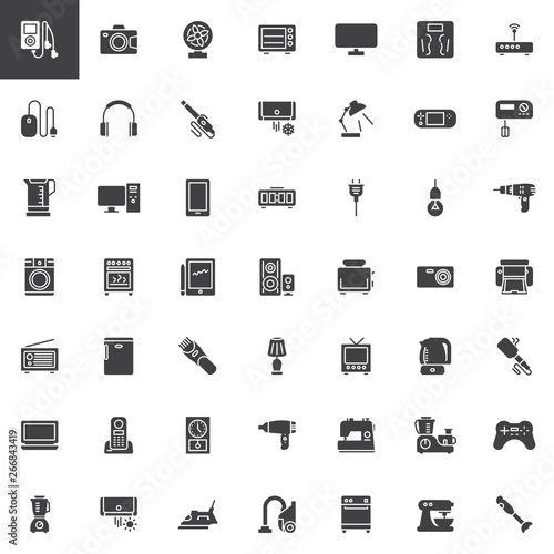 Home appliances vector icons set, modern solid symbol collection filled style pictogram pack. Signs, logo illustration. Set includes icons as Microwave oven, Air Conditioning, Electric kettle, Freezer