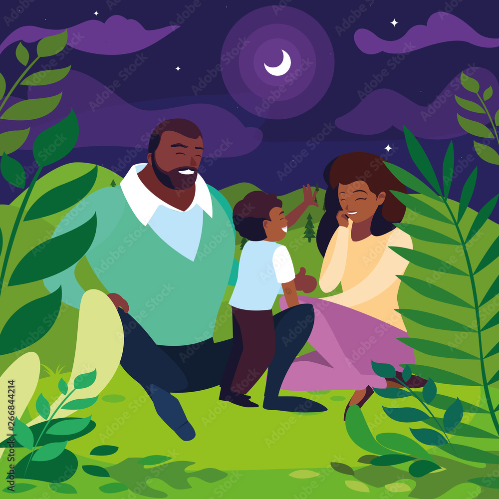 parents with son family in night landscape parents with son family in night landscape