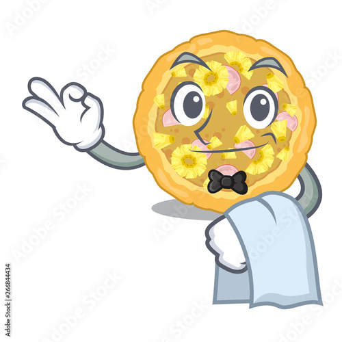 Waiter hawaiian pizza is served cartoon plates