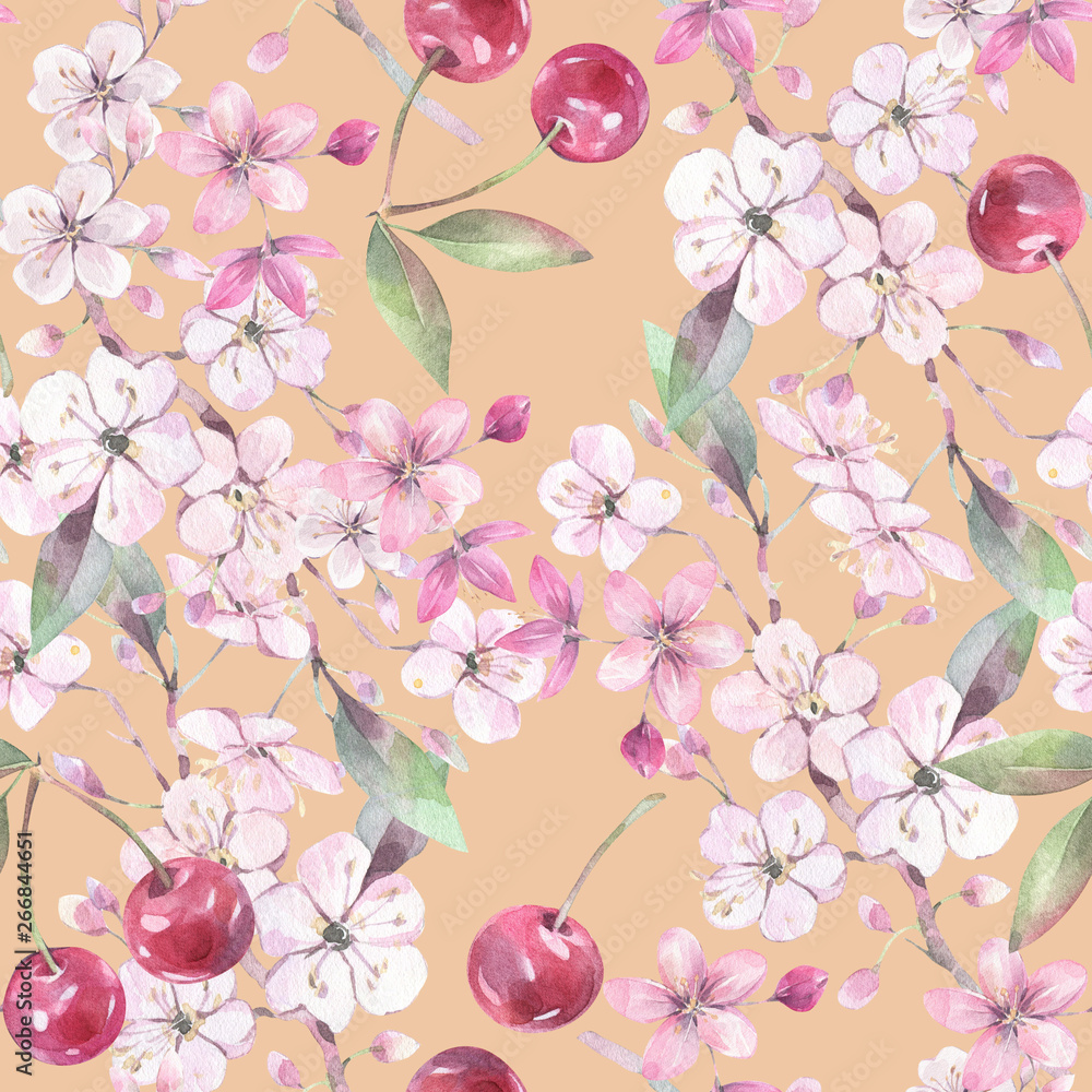 Hand painted watercolor illustration. Seamless botanical pattern with cherry elements. 