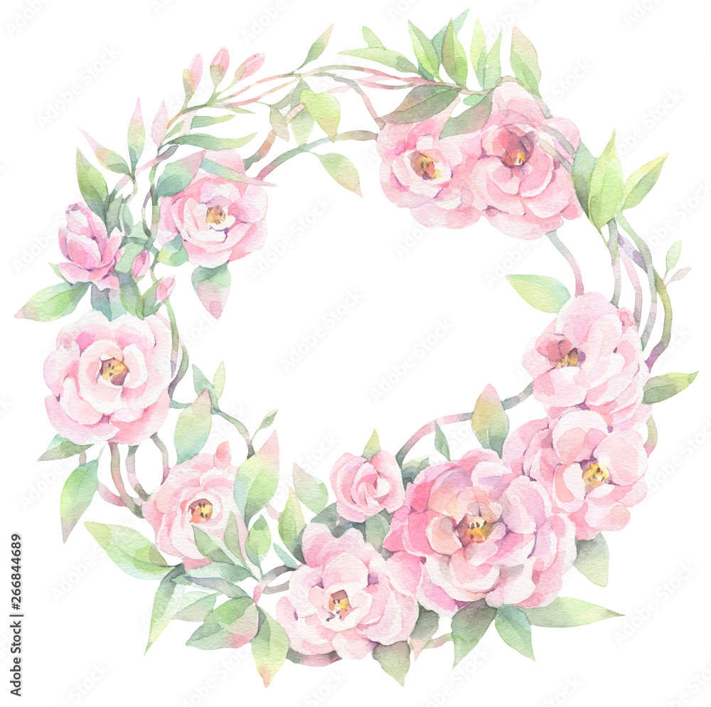Hand painted watercolor illustration. Tender wreath with wild rose pink flowers.