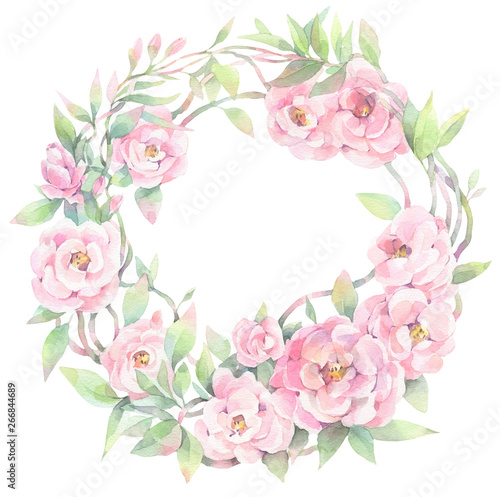 Hand painted watercolor illustration. Tender wreath with wild rose pink flowers.