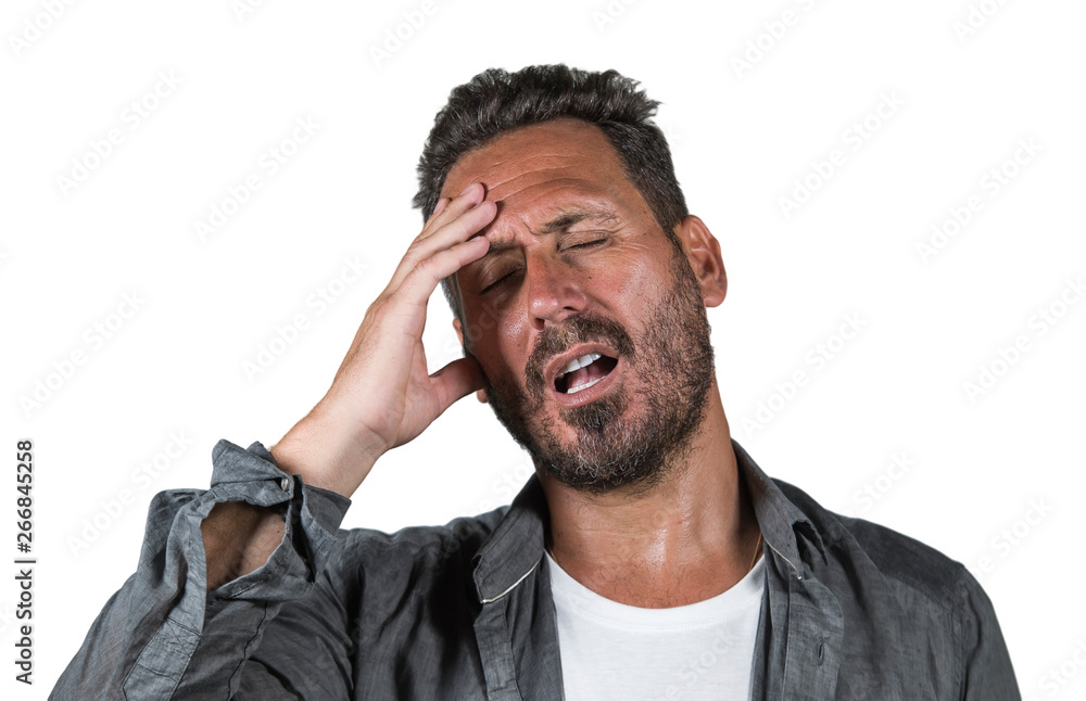 stressed and depressed attractive man suffering depression problem and anxiety crisis feeling overwhelmed and worried in pain and stress face expression isolated stressed and depressed attractive man suffering depression problem and anxiety crisis feeling overwhelmed and worried in pain and stress face expression isolated
