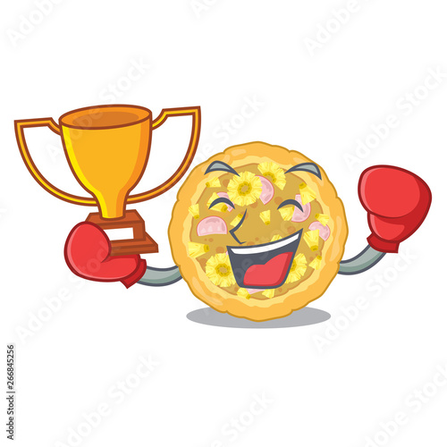 Boxing winner hawaiian pizza above wooden cartoon table