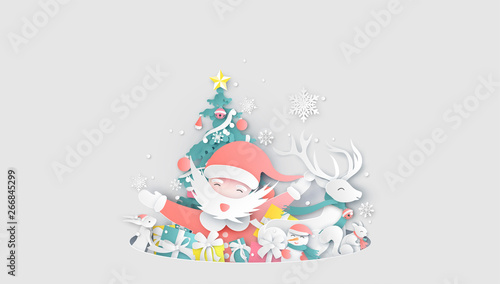 Merry Christmas. Santa Claus and friends prepare for Christmas. Happy Christmas day Celebrating together with friends. paper cut and craft design. vector, illustration.